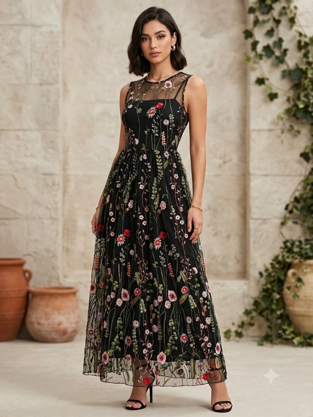 City Studio Black Maxi Dress with Floral Embroidery
